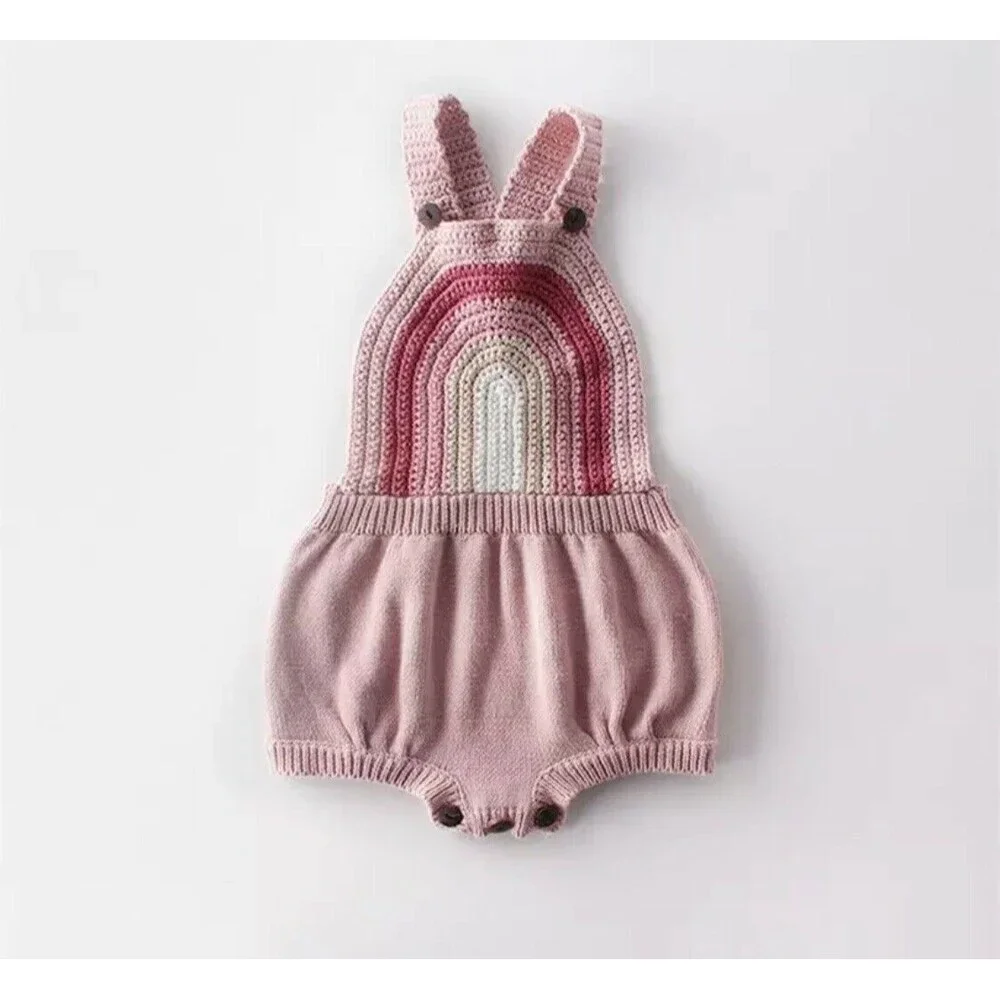 Los Angeles Boutique Knit Sweater Crochet Rainbow Bubble Romper Outfit 6-12m
